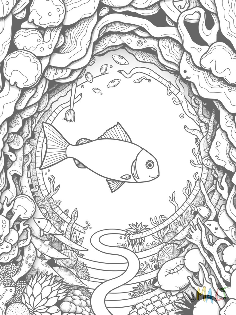 Ein Taucher schwimmt am Anfang eines Unterwasser-Labyrinths aus Korallen. Der Pfad schlängelt sich zwischen Fischschwärmen und Seepferdchen bis zur Schatztruhe.