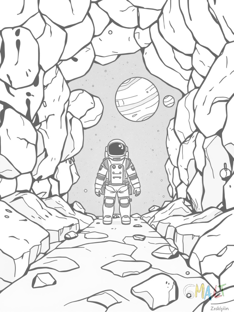 Ein Astronaut steht am Eingang eines Weltraum-Labyrinths aus Meteoritenblöcken. Der Weg führt durch schwebende Asteroiden und vorbei an kleinen Planeten bis zum Raumschiff am Ziel.