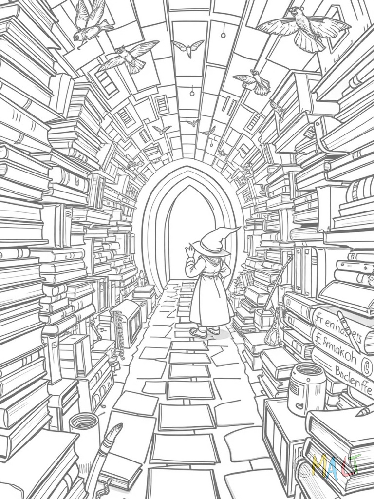 Ein kleiner Zauberer mit spitzem Hut sucht seinen Weg durch ein Labyrinth aus Zauberbüchern. Der Pfad führt vorbei an fliegenden Besen und Zaubertränken bis zum magischen Portal.