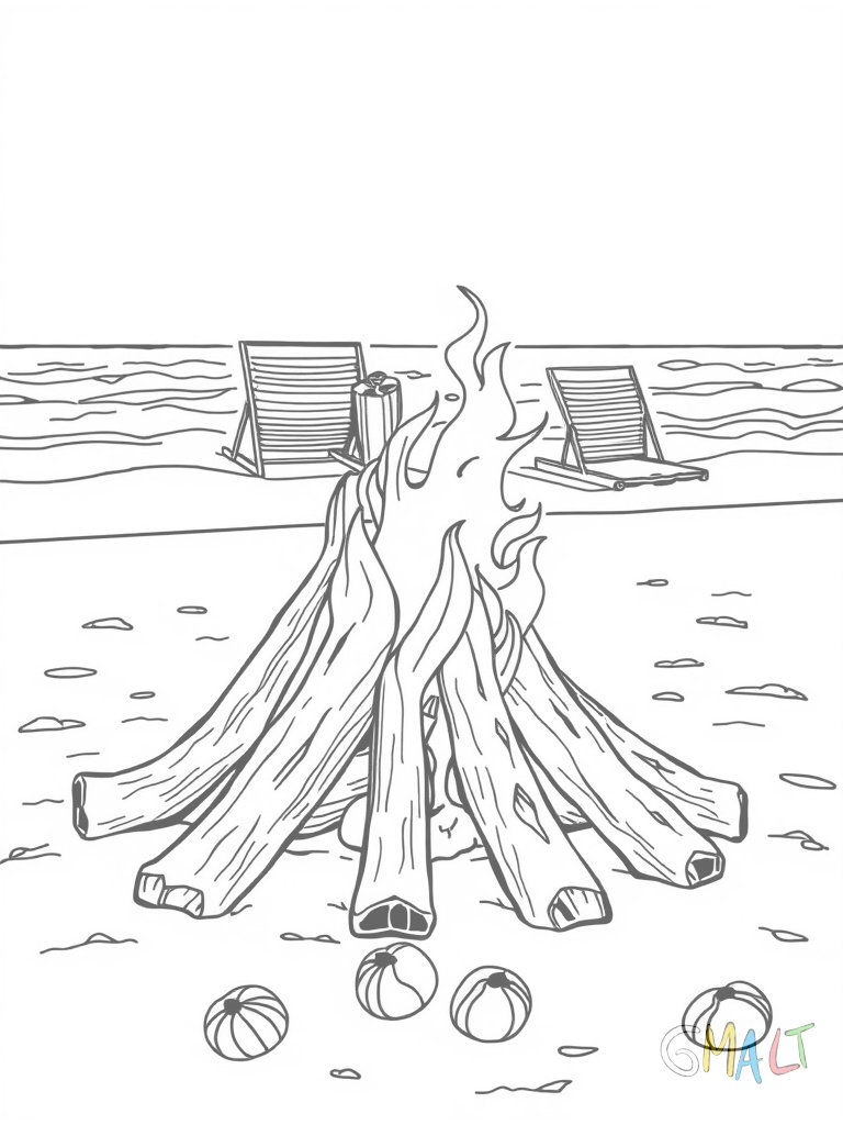Ein kleines Lagerfeuer am Strand mit Treibholz als Brennmaterial. Im Hintergrund sind zwei aufgestellte Surfbretter zu sehen. Ein paar Muscheln liegen im Sand verstreut.