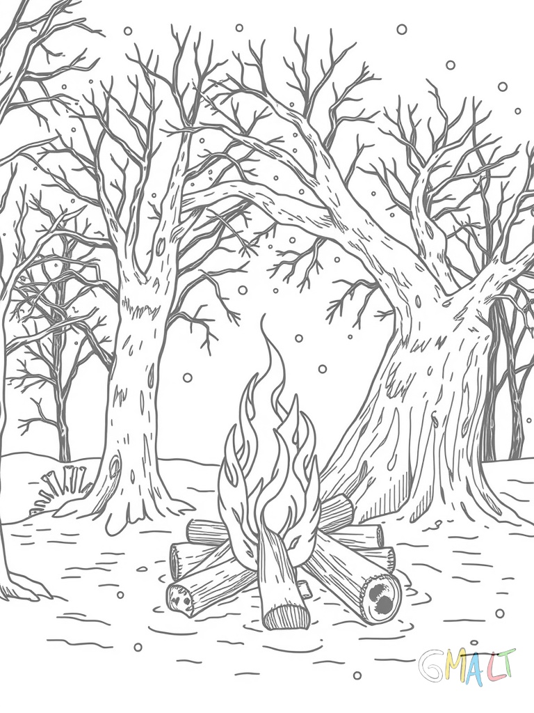Ein Lagerfeuer in einer Schneelandschaft umgeben von verschneiten Tannenbäumen. Drei Thermoskannen stehen neben einem umgefallenen Baumstamm. Schneeflocken fallen sanft.