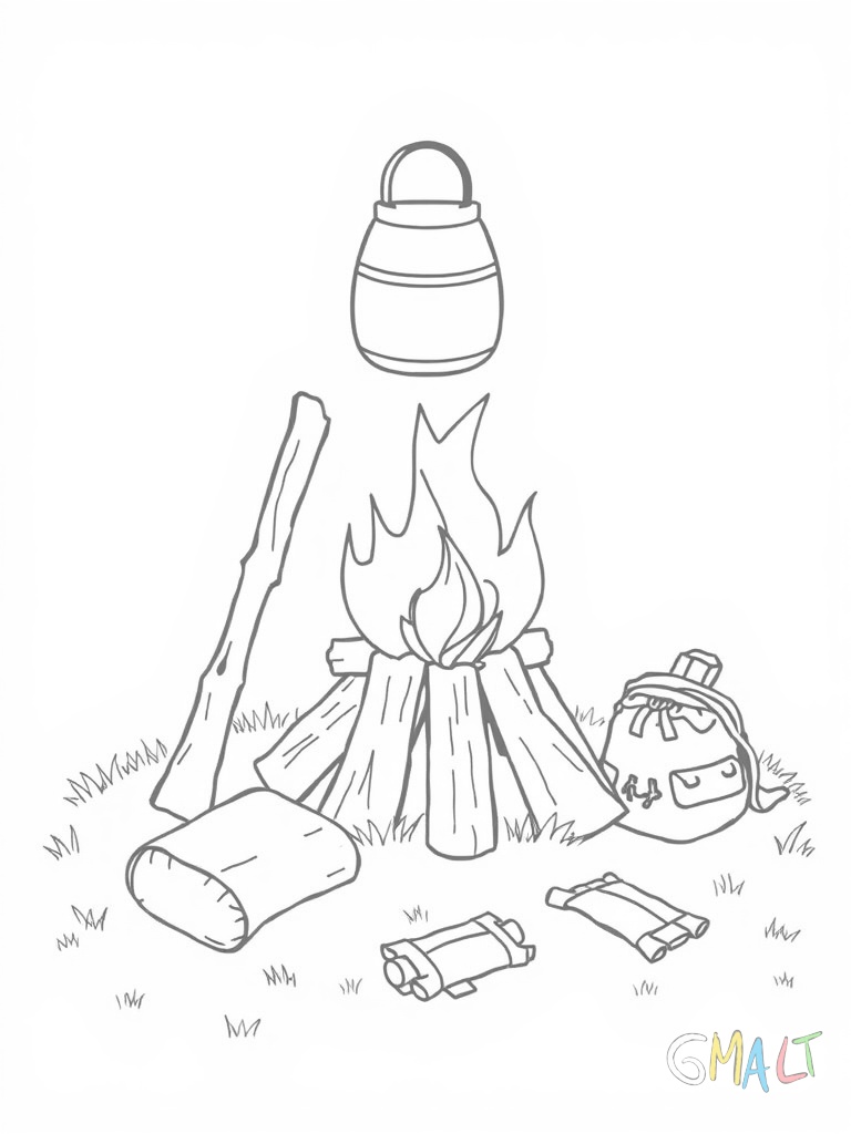 Ein einfaches Lagerfeuer mit drei aufrecht stehenden Stöcken die als Gestell dienen. Daran hängt ein Kessel über den Flammen. Zwei Rucksäcke liegen daneben im Gras.