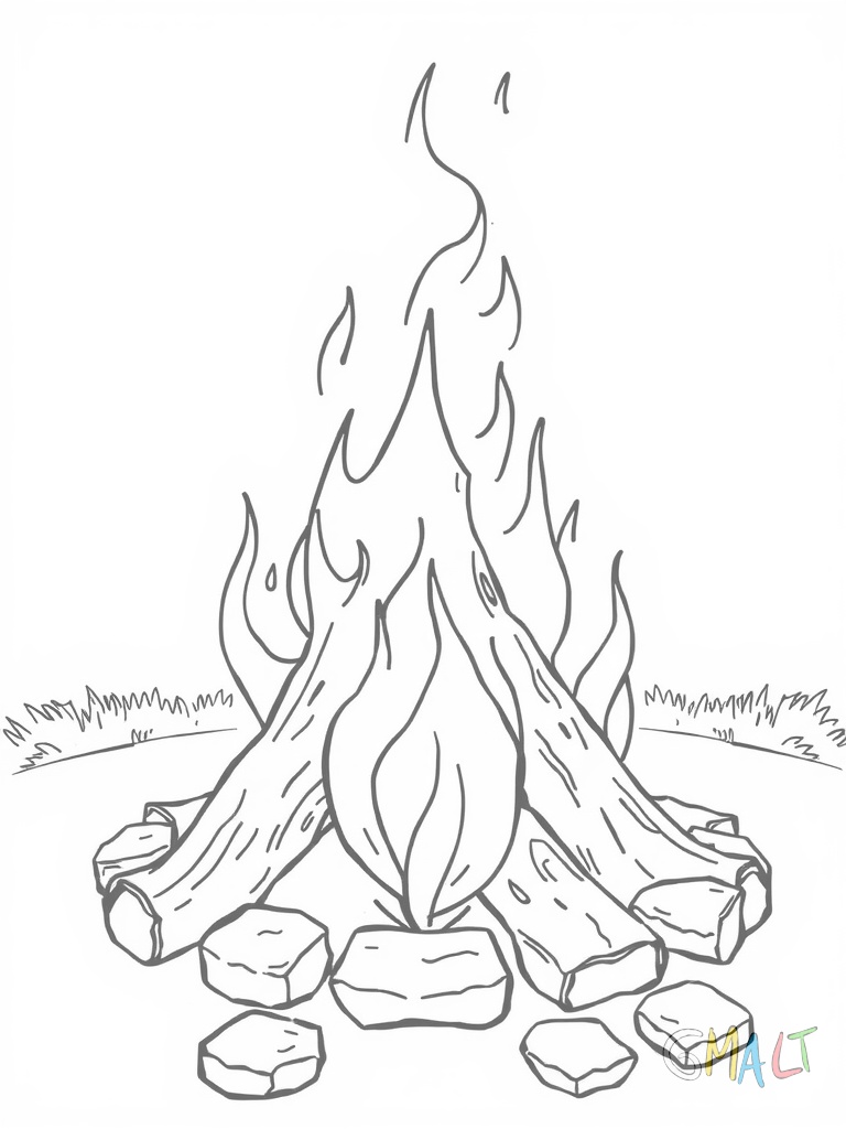 Ein großes Lagerfeuer mit lodernden Flammen steht in der Mitte. Drei Holzscheite sind kreuzweise aufgeschichtet. Kleine Funken steigen nach oben auf. Um das Feuer herum liegen einige Steine in einem Kreis.