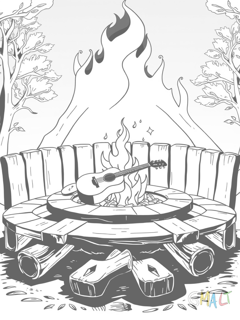 Ein großes Lagerfeuer mit einem Halbkreis aus Holzbänken darum herum. Eine Gitarre und eine Trommel liegen auf einer der Bänke. Kleine Flammen tanzen in der Mitte.