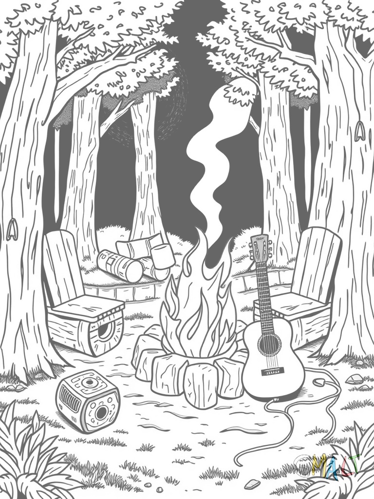 Ein Lagerfeuer auf einer Waldlichtung umgeben von vier Baumstümpfen als Sitzplätze. Zwei Marshmallow-Stöcke lehnen an einem der Stümpfe. Eine Gitarre steht daneben.