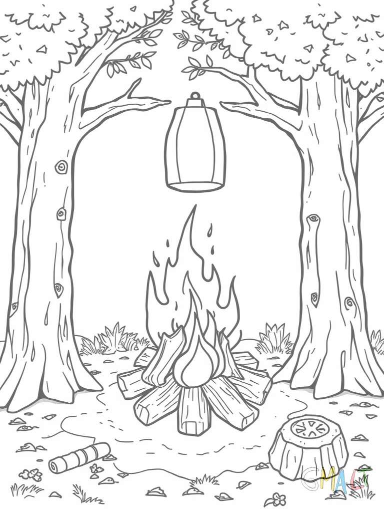 Ein gemütliches Lagerfeuer zwischen zwei Baumstämmen die als Sitzgelegenheiten dienen. Über dem Feuer hängt an einem Stock ein Topf zum Kochen. Daneben steht ein Stapel Brennholz bereit.