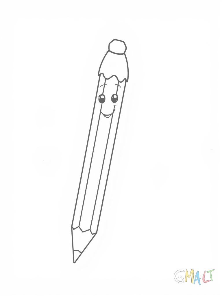 Ein langes schmales Lesezeichen in Form eines Bleistifts. Am oberen Ende ist ein Radiergummi und eine Öse für ein Band. Der Bleistift hat ein freundliches Gesicht mit Kulleraugen.