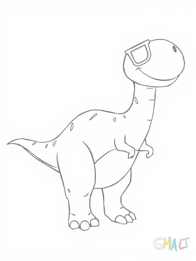 Ein Lesezeichen in Form eines Dinosauriers mit langem Hals. Der niedliche Dino trägt eine kleine Lesebrille und lächelt freundlich. Sein Schwanz bildet das untere Ende.
