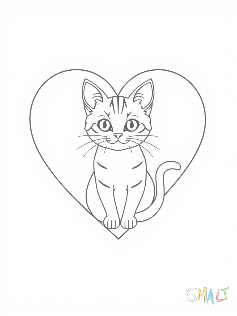 Ein großes Herz als Lesezeichen mit einer kleinen Schleife am oberen Ende. In der Mitte des Herzens sitzt eine niedliche lächelnde Katze mit großen Augen und spitzen Ohren.