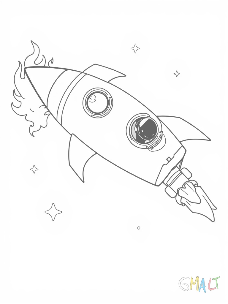 Ein Lesezeichen als Rakete mit Bullaugen und Flügeln. Aus den Düsen kommen stilisierte Flammen. Ein kleiner Astronaut winkt aus einem der runden Fenster.