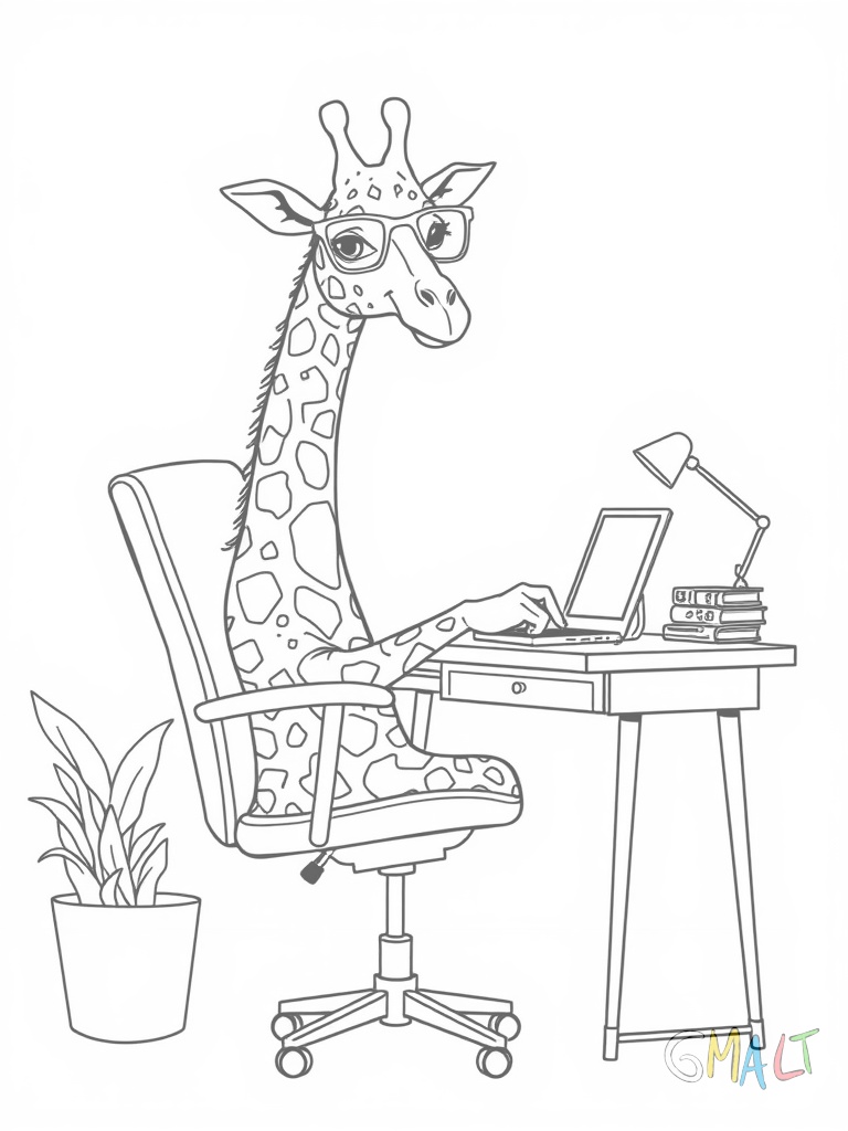 Eine Giraffe sitzt in einem viel zu kleinen Bürostuhl vor einem winzigen Schreibtisch - sie trägt eine Lesebrille und tippt mit ihrem langen Hals gebeugt auf einer Miniatur-Tastatur