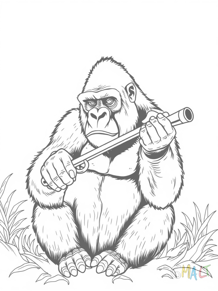Ein Gorilla macht Seifenblasen - er sitzt im Schneidersitz und pustet vorsichtig durch einen winzigen Seifenblasenring während er sich sehr konzentriert