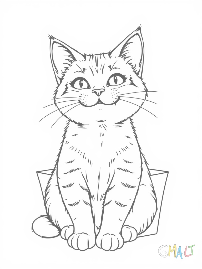 Eine Katze sitzt in einem Karton der viel zu klein ist - ihre Pfoten und ihr Schwanz quellen über die Ränder während sie zufrieden grinst