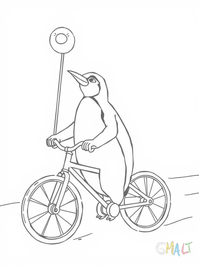 Ein Pinguin fährt auf einem Einrad durch einen Zirkus - er balanciert einen Stapel Eiswürfel auf seinem Schnabel während er jongliert