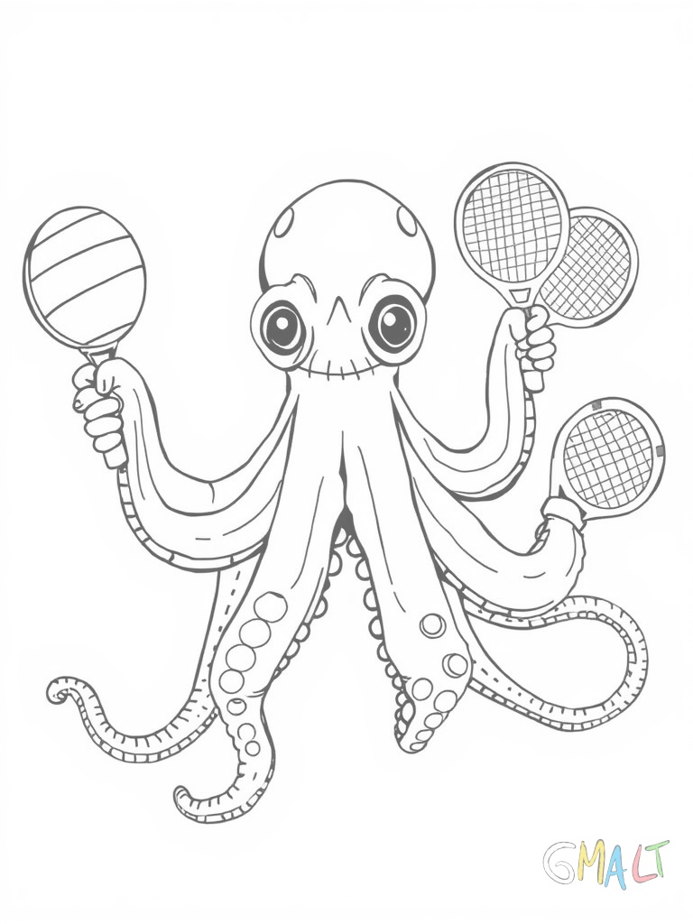 Ein Oktopus versucht acht verschiedene Sportarten gleichzeitig - mit jedem Tentakel hält er ein anderes Sportgerät wie Basketball Tennisschläger und Springseile