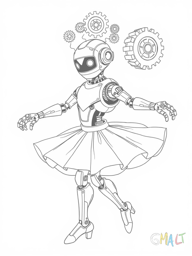 Ein Roboter mit eckigem Kopf tanzt Ballet in einem Tutu - seine mechanischen Arme und Beine sind in eleganter Tanzposition während kleine Zahnräder aus seinem Kopf hervorschauen