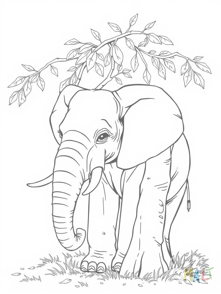 Ein Elefant versucht sich hinter einem dünnen Baum zu verstecken - nur sein Rüssel und Schwanz schauen an den Seiten hervor während er denkt dass ihn niemand sehen kann
