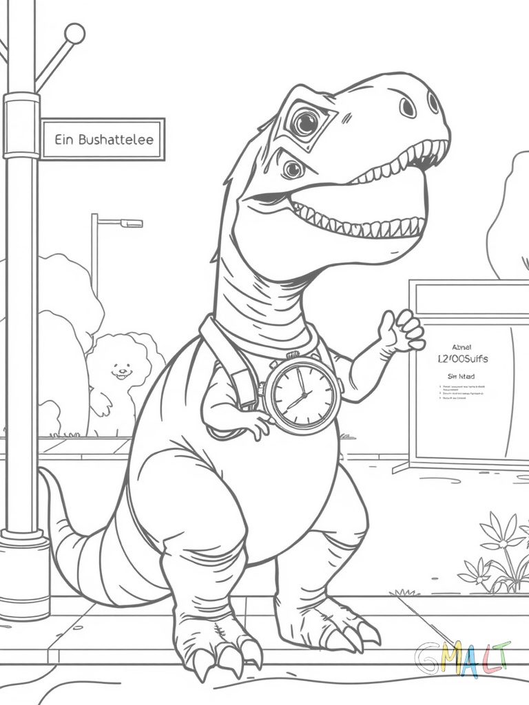 Ein Dinosaurier steht an einer Bushaltestelle - er trägt einen kleinen Schulranzen und schaut ungeduldig auf eine überdimensionale Armbanduhr an seinem kurzen Arm