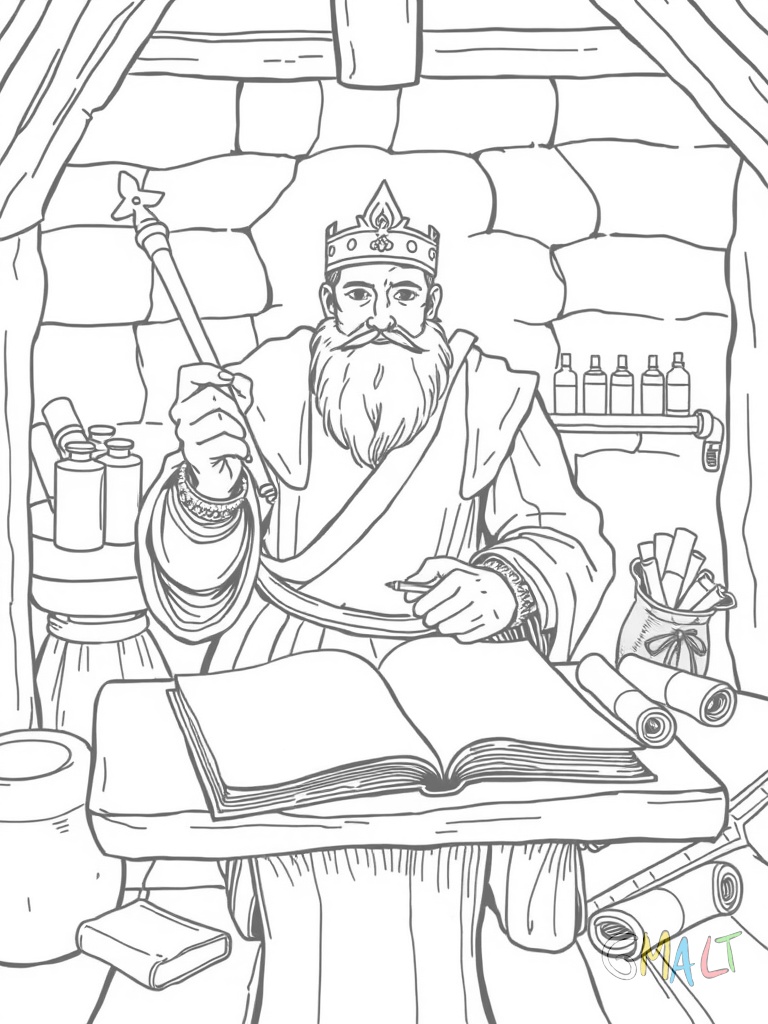 Eine mittelalterliche Schreibstube mit einem Mönch am Schreibpult. Er hält eine Schreibfeder und vor ihm liegt ein aufgeschlagenes Buch. Auf dem Pult stehen Tintenfässer und weitere Pergamentrollen liegen bereit.