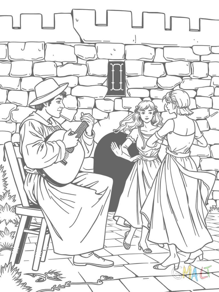 Ein Troubadour spielt Laute vor einer Gruppe von drei tanzenden Menschen. Er sitzt auf einem Holzhocker während die Tänzer sich im Kreis bewegen. Im Hintergrund ist eine Steinmauer mit Fackel zu sehen.