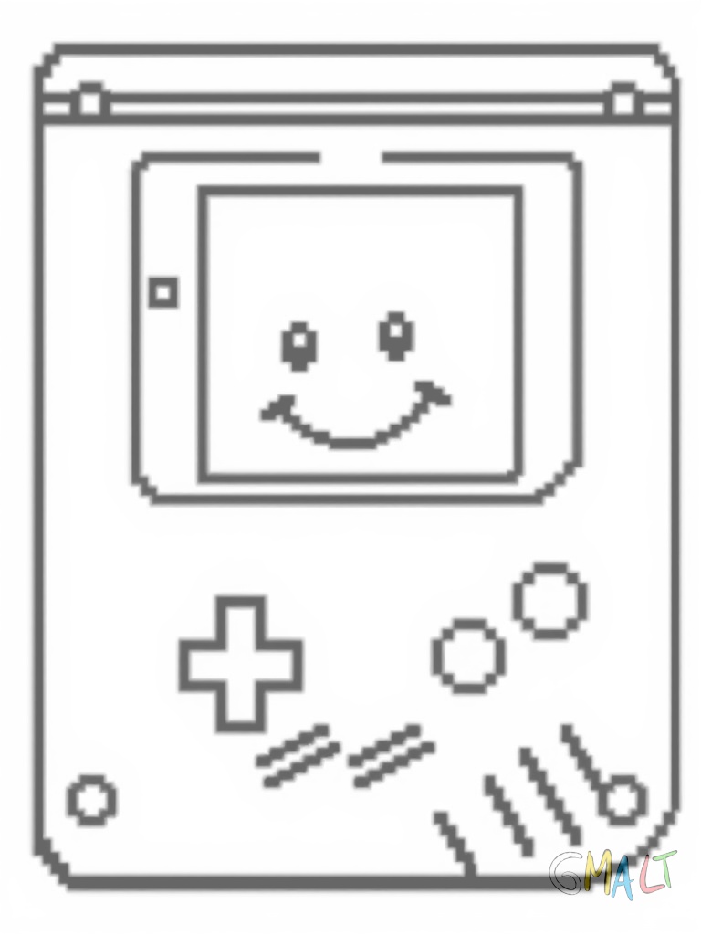 Ein pixeliger Gameboy nimmt die zentrale Position ein. Der klassische Handheld zeigt einen fröhlichen Smiley auf seinem quadratischen Display. Die Steuerkreuze und Buttons sind deutlich erkennbar.