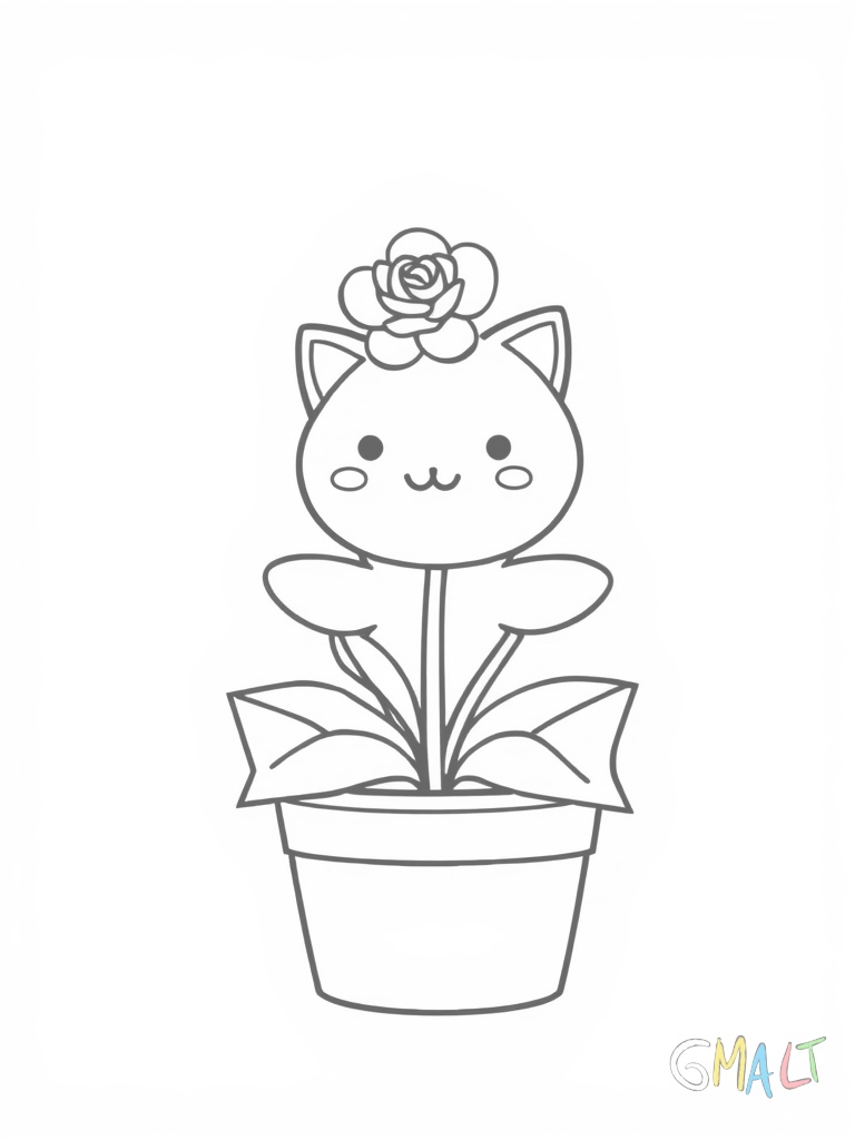 Ein süßer Pixel-Kaktus steht in einem quadratischen Blumentopf. Der Kaktus hat zwei symmetrische Arme und trägt eine kleine rosa Blüte auf der Spitze. Der Topf ist mit einem einfachen Zickzackmuster verziert.