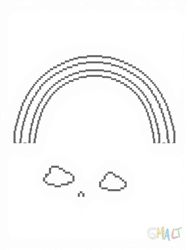 Ein niedlicher 8-Bit Regenbogen schwebt mittig im Bild. Er besteht aus gleichmäßigen Pixelblöcken in den klassischen Regenbogenfarben. Unter dem Regenbogen sind zwei kleine pixelige Wolken platziert.