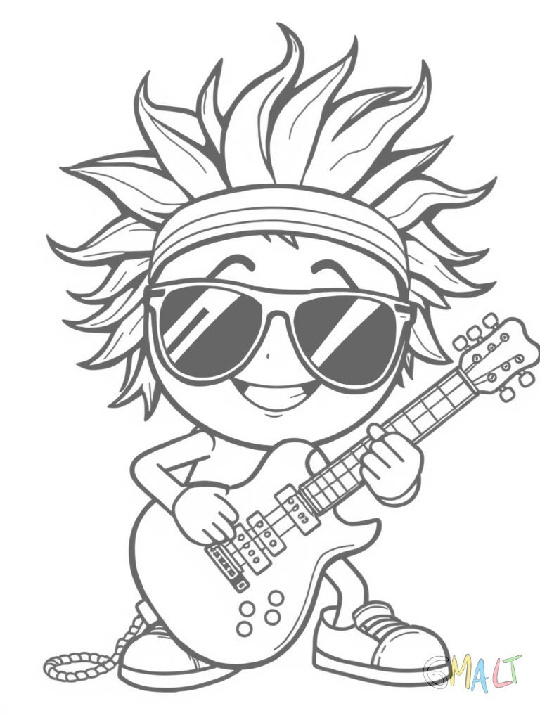 Ein Rockstar-Smiley mit E-Gitarre und Sonnenbrille sowie wilden Haaren