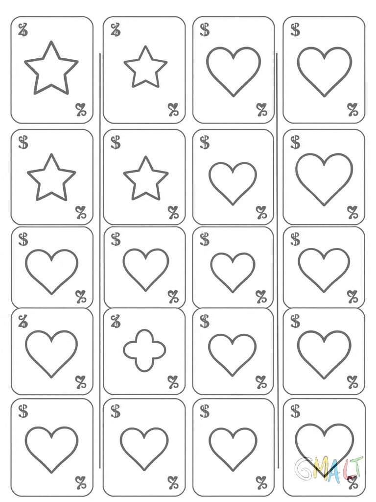 Ein traditionelles Memory-Spiel mit 12 aufgedeckten Kartenpaaren. Die Karten sind in einem ordentlichen Raster ausgelegt und zeigen einfache Symbole wie Sterne Herzen und Monde.
