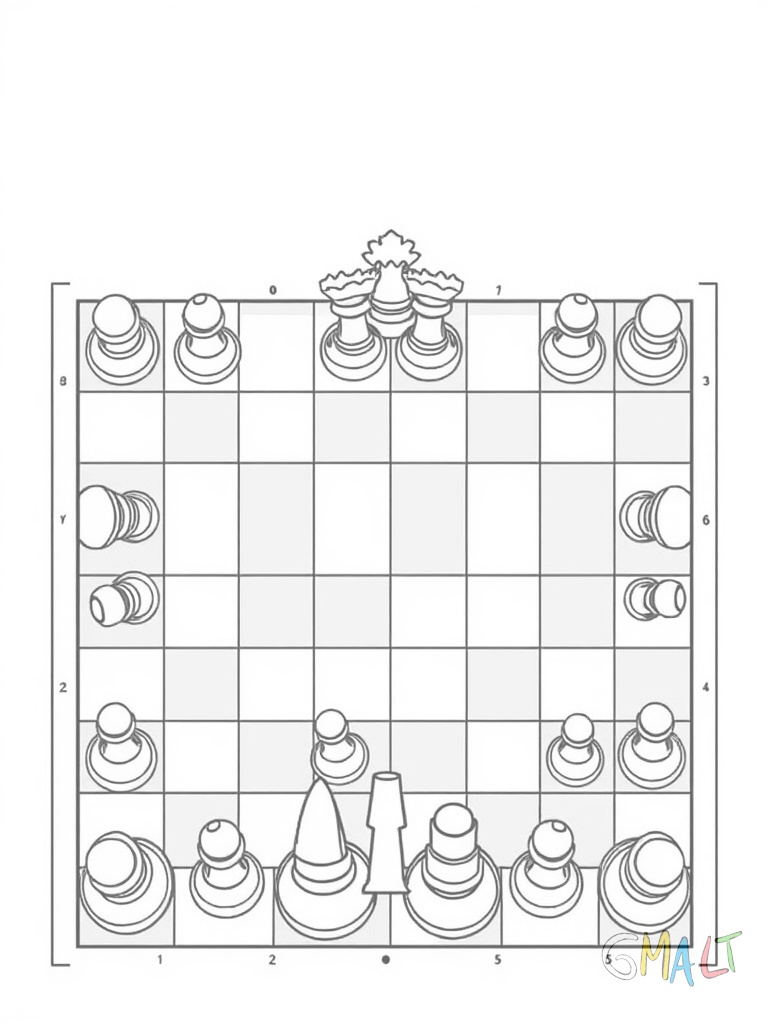 Ein klassisches Schachbrett mit allen 32 Figuren in Startposition. Die Figuren sind vereinfacht dargestellt mit klaren Umrissen. Das Brett ist von oben zu sehen mit den typischen abwechselnden hellen und dunklen Feldern.