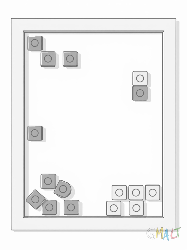 Ein klassisches Vier-Gewinnt-Spiel mit blauer Rahmenkonstruktion. Einige rote und gelbe Spielsteine sind bereits eingeworfen und bilden verschiedene Muster im vertikalen Spielfeld.