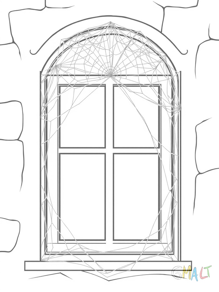 Ein Spinnennetz unter einem Fensterrahmen. Die Spinne webt gerade die letzten Verbindungsfäden. Das Netz hat eine rechteckige Form passend zum Fenster.