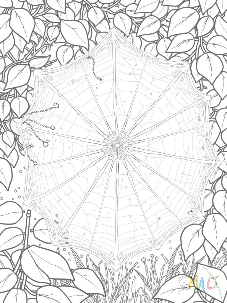 Ein Spinnennetz in einer Gartenlaube. Es verbindet mehrere Weinranken miteinander. Die Fäden bilden ein komplexes geometrisches Muster. Eine Spinne ruht sich in der Netzmitte aus.