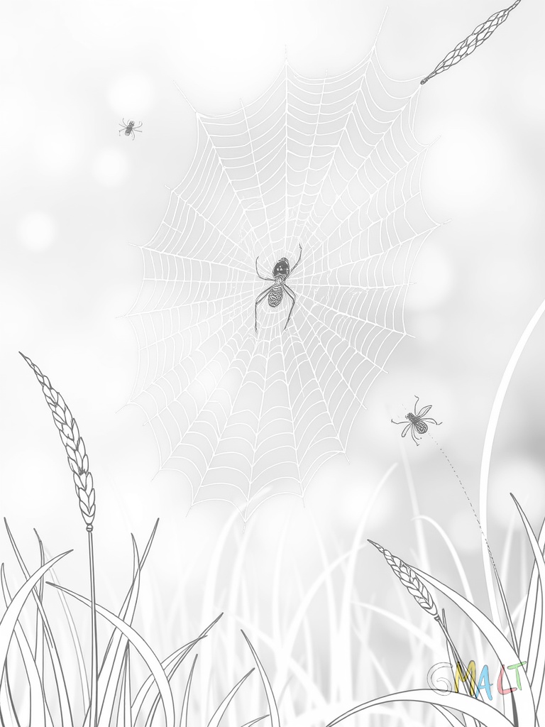 Ein großes Spinnennetz zwischen Grashalmen. Die Spinne sitzt wartend am Rand. Kleine Insekten fliegen in der Nähe umher. Das Netz schaukelt leicht im Wind.