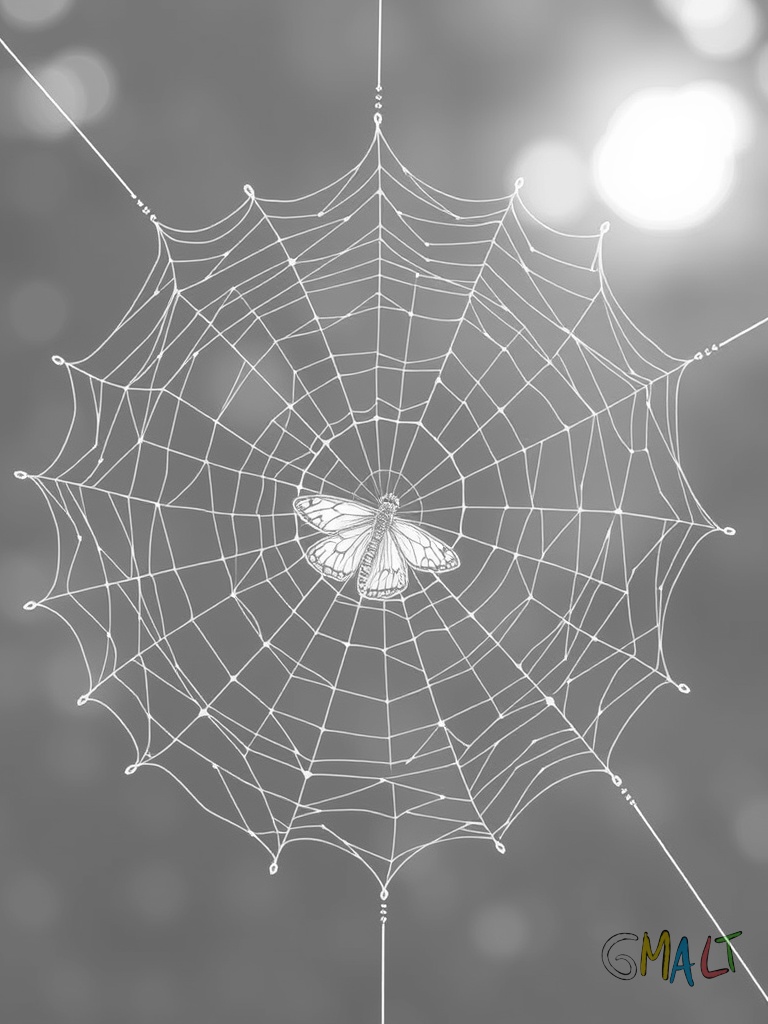 Ein kunstvolles Spinnennetz im Morgenlicht. Das Netz ist wie ein Rad aufgebaut mit spiralförmigen Fäden. Ein kleiner Schmetterling nähert sich vorsichtig.