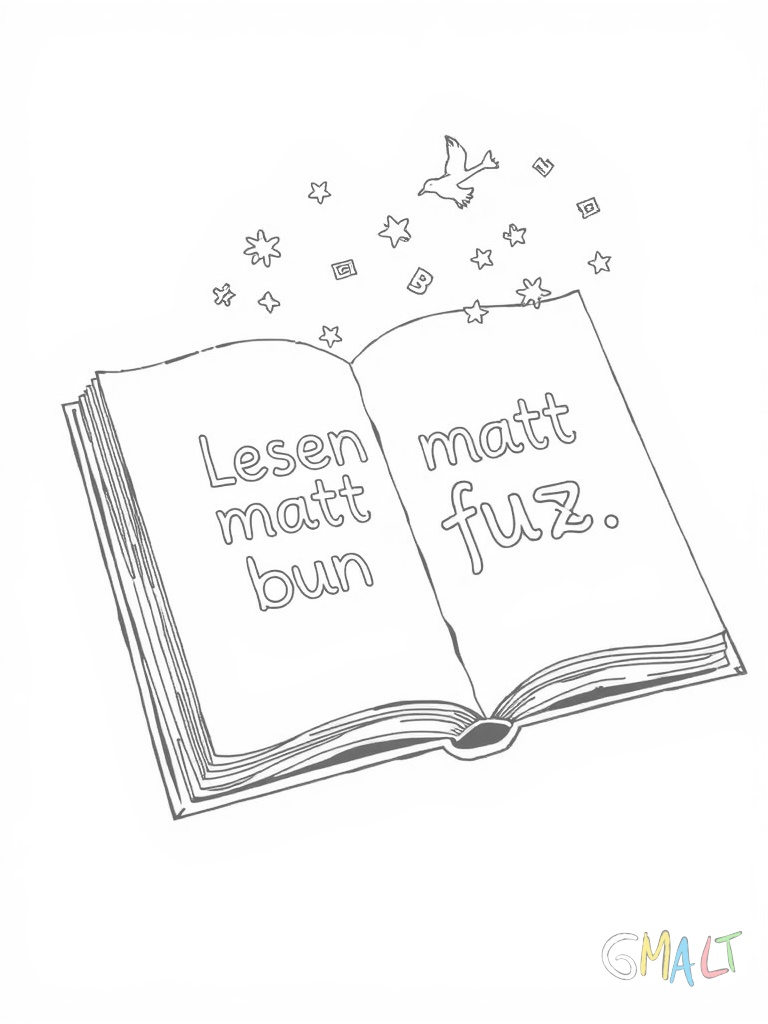 Ein aufgeschlagenes Buch mit dem Spruch Lesen macht Spaß auf den Seiten. Aus den Seiten fliegen kleine Buchstaben in die Höhe. Das Buch liegt leicht schräg.