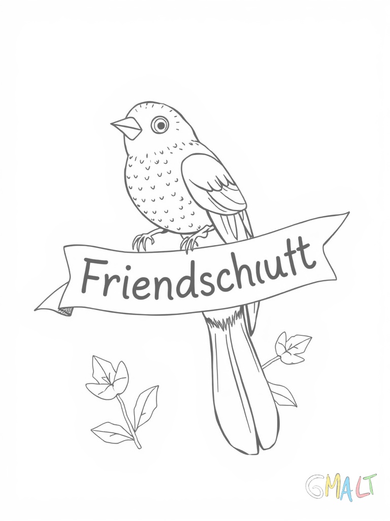 Eine geschwungene Banderole trägt den Spruch Freundschaft. Über und unter der Banderole schweben einfache Friedenstauben mit ausgebreiteten Flügeln.
