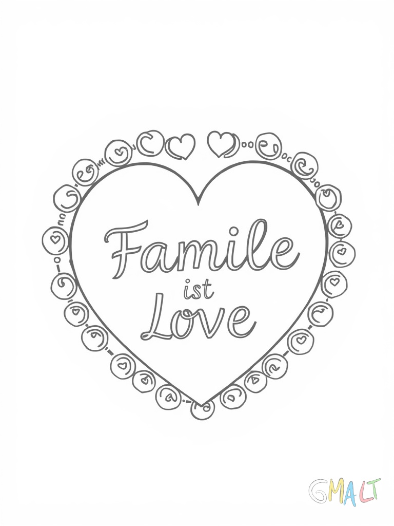 Ein großes Herz enthält den Spruch Familie ist Liebe. Um das Herz herum sind kleine ineinander verschlungene Kreise angeordnet die eine Kette bilden.