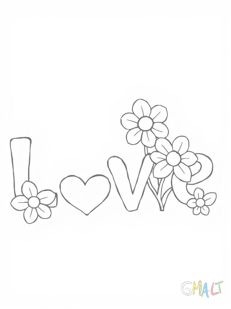 Das Wort Liebe ist in verspielten Buchstaben geschrieben. Jeder Buchstabe ist mit einfachen Blumen und Herzchen verziert. Die Blumen haben jeweils fünf Blütenblätter.