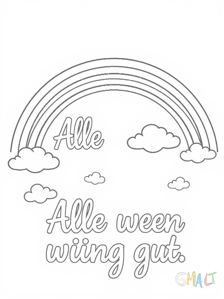 Ein lächelnder Regenbogen spannt sich über den Text Alles wird gut. Unter dem Regenbogen schweben kleine stilisierte Wolken. Der Regenbogen besteht aus sechs gleichmäßigen Bögen.