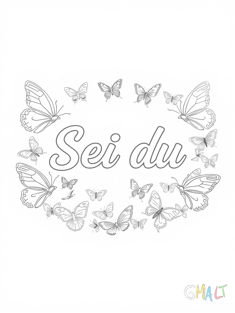 Ein großes rundes Banner mit dem Spruch Sei du selbst ist von bunten Schmetterlingen umrahmt. Die Schmetterlinge fliegen in unterschiedliche Richtungen und haben einfache symmetrische Flügelmuster.