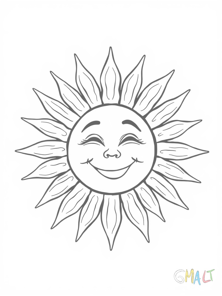 Der Text Lächle ist von einer Sonne mit freundlichem Gesicht umgeben. Die Sonnenstrahlen sind als gerade Linien dargestellt die gleichmäßig nach außen zeigen.