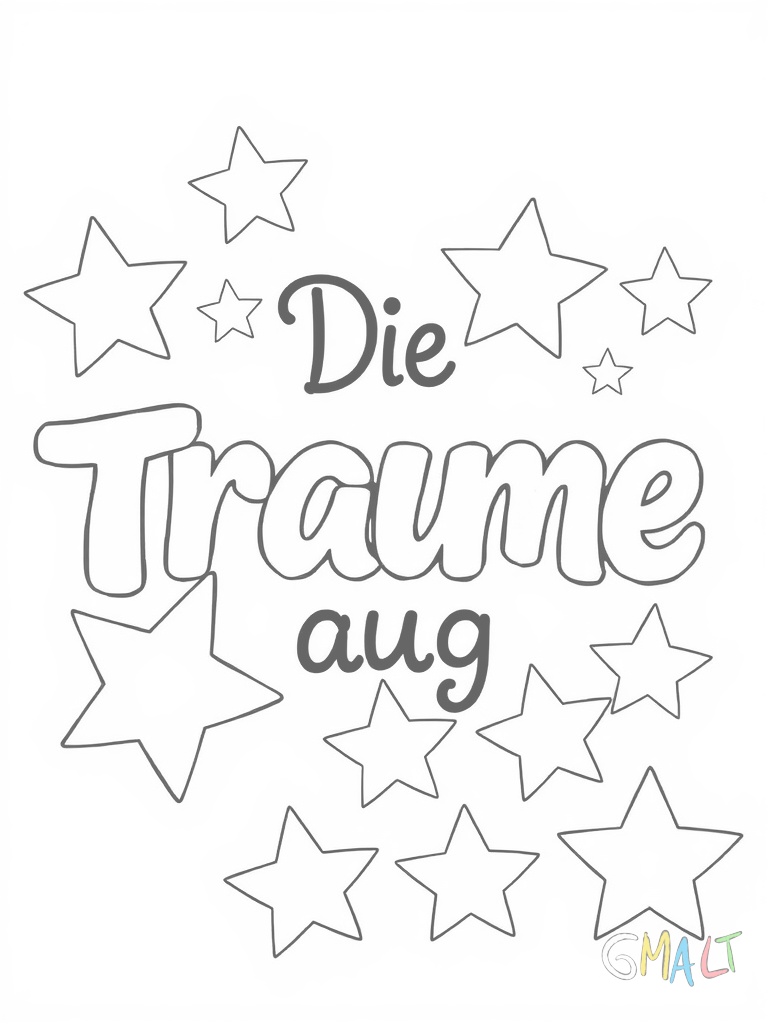 Die Worte Träume groß sind von funkelnden Sternen unterschiedlicher Größe umgeben. Die Sterne haben jeweils fünf Zacken und sind gleichmäßig um den Text verteilt.