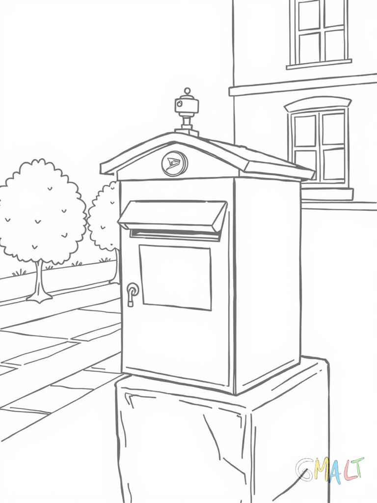 Ein Briefkasten der Post steht auf dem Bürgersteig. Der klassische Kasten hat einen Briefschlitz und das Posthorn-Symbol. Dahinter ist eine Hauswand mit einem Fenster zu sehen.