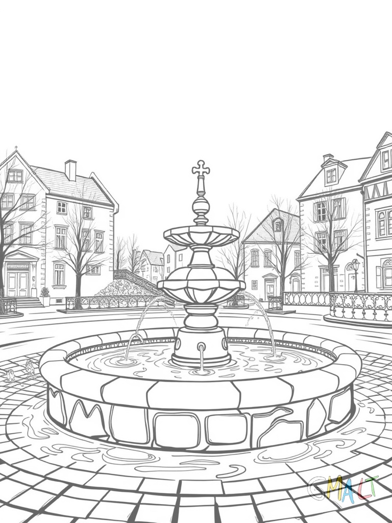 Ein Stadtbrunnen mit mehreren Wasserspeiern plätschert auf einem kleinen Platz. Der runde Brunnen hat ein Becken aus Stein und in der Mitte eine einfache Fontäne.
