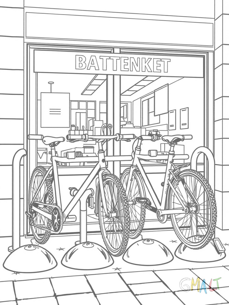 Ein Fahrradständer vor einem Geschäft bietet Platz für sechs Fahrräder. Die Metallbügel sind in einer Reihe im Boden verankert. Zwei Fahrräder sind bereits angeschlossen.