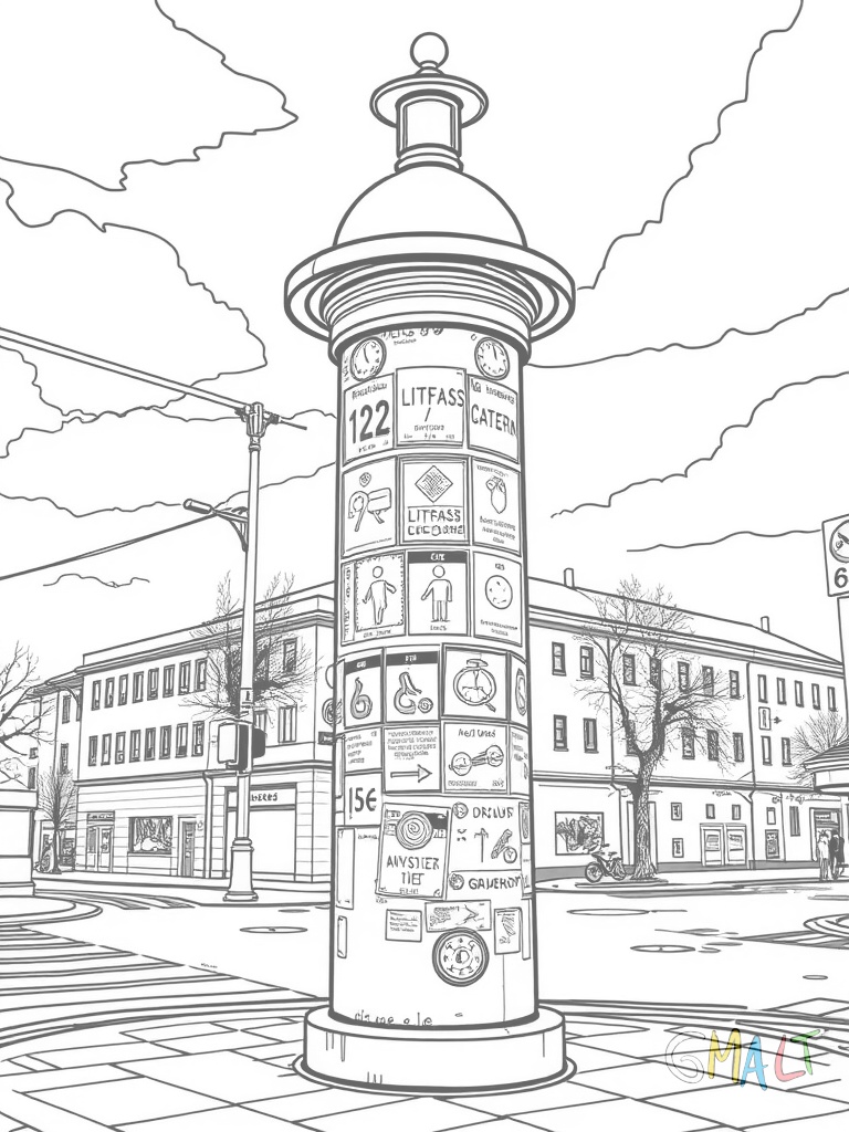 Eine Litfaßsäule steht an einer Straßenkreuzung. Die runde Säule ist mit verschiedenen Plakaten beklebt. Oben hat sie ein kleines Kuppeldach zum Schutz vor Regen.
