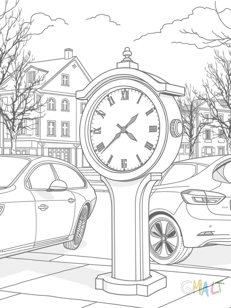 Eine Parkuhr am Straßenrand mit großem rundem Ziffernblatt. Daneben parkt ein Auto und im Hintergrund sind Häuserfassaden zu sehen. Die Parkuhr hat einen hohen Standfuß und einen Münzeinwurf.