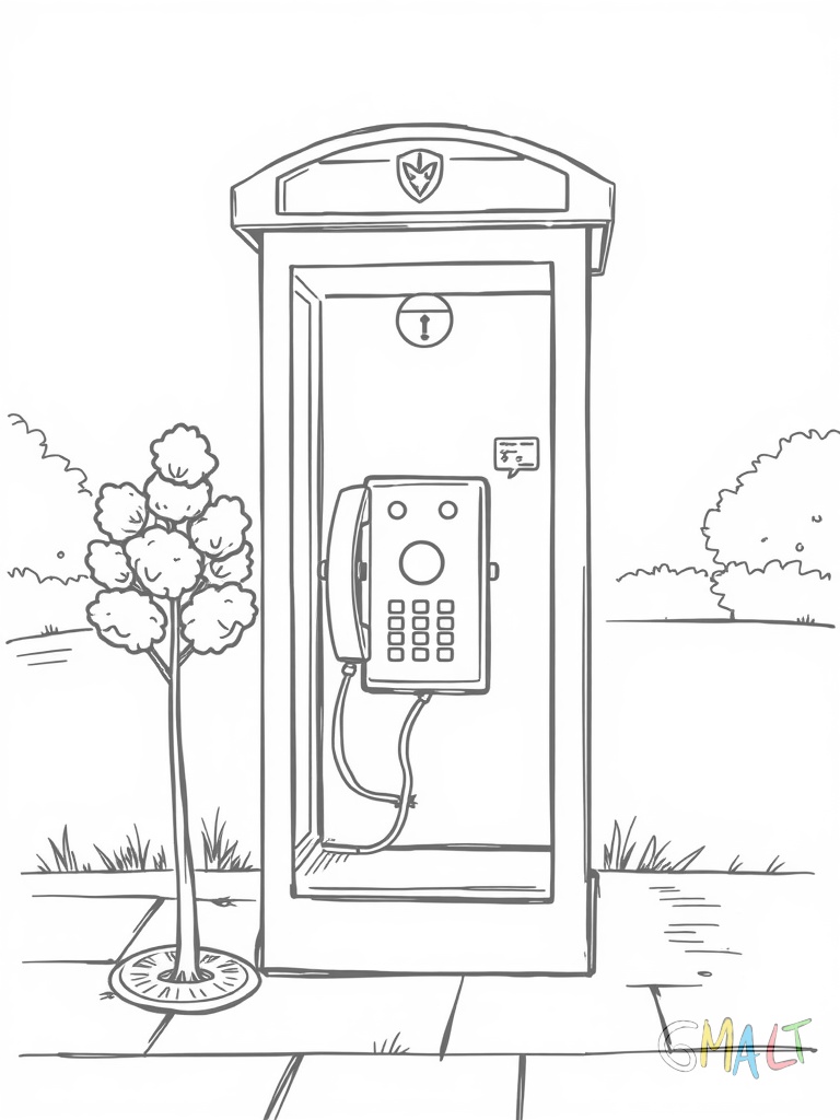 Eine Telefonzelle mit Glastür steht auf dem Gehweg. Die Zelle hat ein Telefon mit Hörer und Tastatur im Inneren. Oben ist ein Telefonsymbol angebracht. Neben der Zelle wächst ein kleiner Baum.