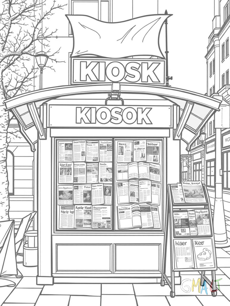 Ein typischer Zeitungskiosk an einer Straßenecke mit aufgehängten Zeitungen im Schaufenster. Auf dem Dach steht ein großes Schild mit der Aufschrift KIOSK. Davor steht ein Zeitungsständer mit aktuellen Magazinen.